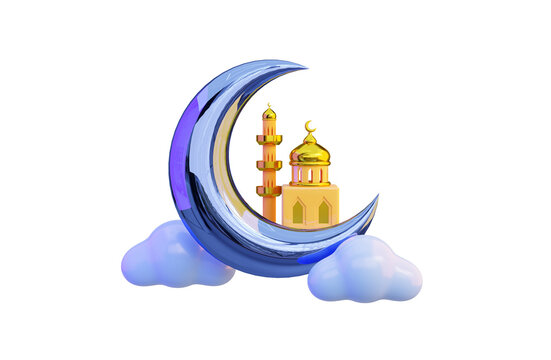 ramadan moon and masjid icon with cloud on white background 3d render concept for eid and fastival