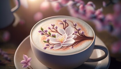 illustration of latte art cup on wooden table, coffee shop background, Generative Ai
 - obrazy, fototapety, plakaty