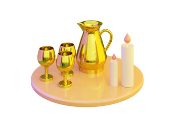 golden jug and glass icon with candle on white background 3d render concept for ramadan iftar