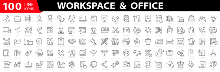 Office workspace 100 icon set. Office icon set. Coworking icons. Containing briefcase, desk, computer, meeting, employee, schedule and co-worker symbol. Outline icons set. Vector illustration