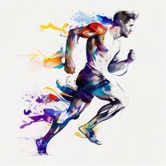 Fototapeta na wymiar Running athlete drawing white background paint watercolor Generative AI