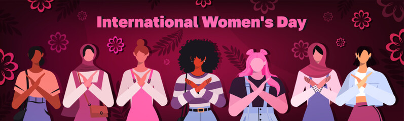Break the bias. Women's international day. March 8th. Banner with women with different skin color and ethnic groups cross arms to stop gender discrimination and fight stereotypes. Flat vector 
