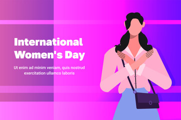 Break The Bias campaign. Young modern woman with cross arms. Woman movement against discrimination, inequality, stereotypes. International women's day. Flat vector illustration 