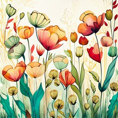 Drawing flowers tulips several pieces background flat style Generative AI