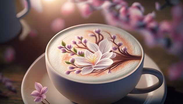 illustration of latte art cup on wooden table, coffee shop background, Generative Ai
