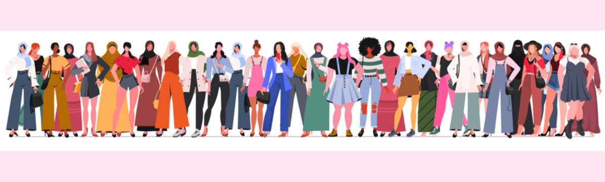 Happy Women's Day banner. Diverse multiracial and multicultural of young women stand side by side together. Struggle for freedom, independence, equality. Group of female friends, union of feminists.
