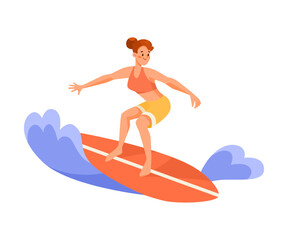Woman Character Riding Wave on Surfboard Doing Water Sport Activity Vector Illustration