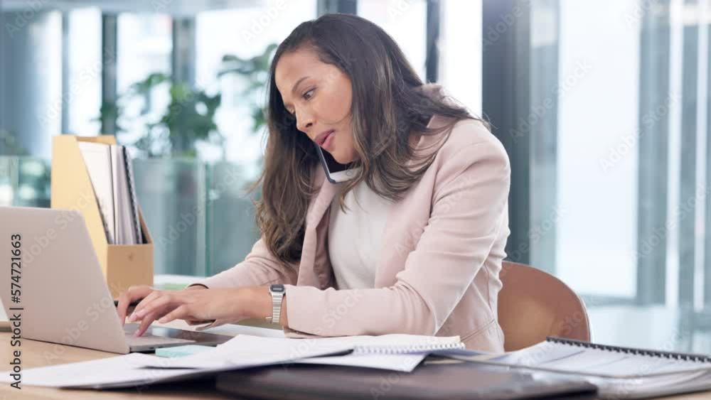 Poster female advertising agent looking busy while talking on a phone call and searching through documents 