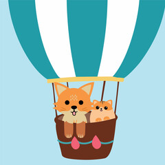 Fox and Cat in a Hot Air Ballon Illustration