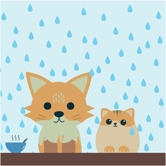 Fox and Cat in a Rainy Day Illustration