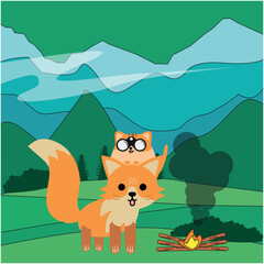 Fox and Cat in the Forest Illustration