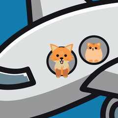 Fototapeta premium Fox and Cat on a Plane Illustration