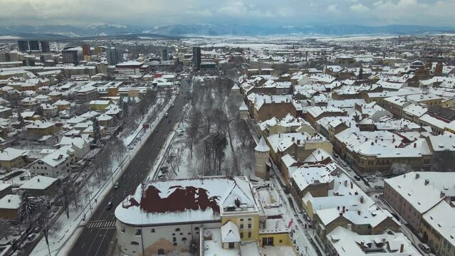 Drone video of the city center of Sibiu, Romania. Footage was taken from a drone at a lower altitude, in winter season, above the boulevard, Haller Bastion and the Wall Street. 