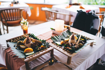 Delicious traditional dishes on table