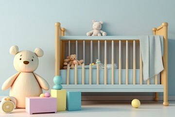 a nursery with a wooden cot. Generative AI