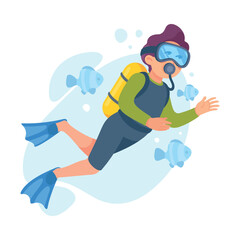 Funny Boy Snorkeling with Tube and Goggles Doing Water Sport Activity Vector Illustration