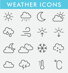 Obraz premium Weather Forecast line icons set. Weather symbols collection. Rain, Sun, Wind, Moon, Cloud, Fog, Snow, Umbrella, Meteorology icons. Weather signs. Vector illustration