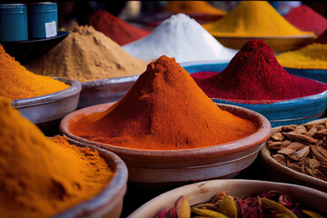 Various spices selection. Multicolored powder dyes. Indian local market. Generative Ai Art.