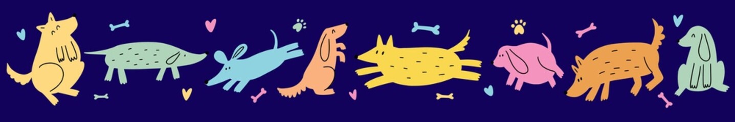 Horizontal illustration with different dogs drawn by hand in the style of a doodle