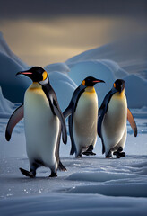 Cute penguins in the snow. AI generated