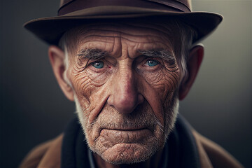 Portrait of old white man with wrinkles and beard wearing a hat looking straight into the camera, illustration generative AI