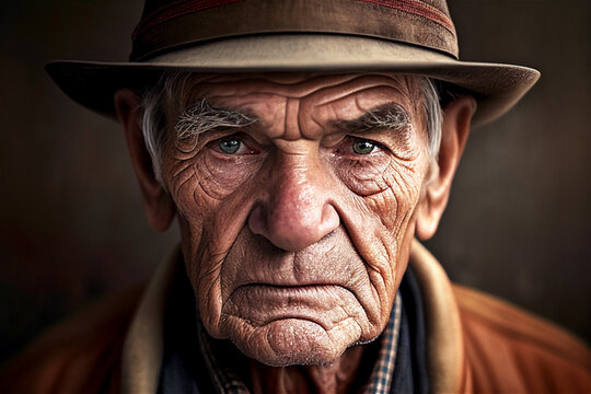 Portrait of old white man with wrinkles and beard wearing a hat looking straight into the camera, illustration generative AI
