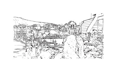 Building view with landmark of Playa Blanca
is the town in Spain.
Hand drawn sketch illustration in vector.