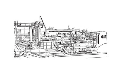 Building view with landmark of Playa Blanca
is the town in Spain.
Hand drawn sketch illustration in vector.