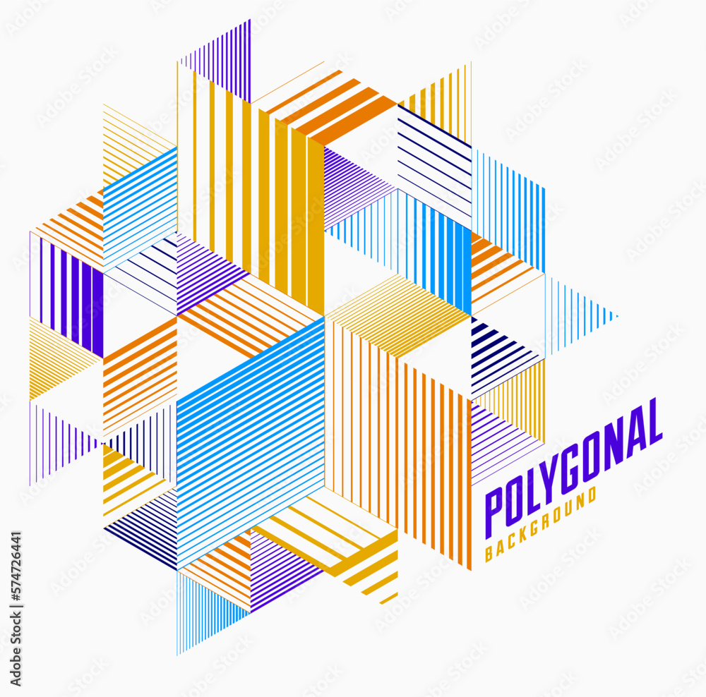 Poster abstract polygonal background with stripy triangles and 3d cubes vector design. template for differe