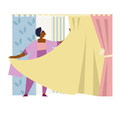 Black woman choosing curtains in textile department. Home decoration shopping process. Flat vector illustration