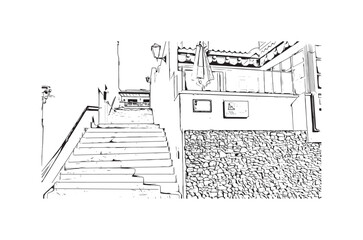 Building view with landmark of Playa Blanca
is the town in Spain.
Hand drawn sketch illustration in vector.