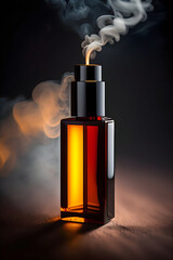 Luxurious perfume bottle with smoke on black background