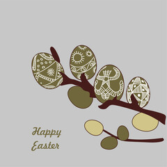Cute Easter card with buds in the form of painted eggs. Spring composition of willow branches in blue tones. Hand drawn Easter egg with white lines. Ethnic traditional motif ukrainian national pattern