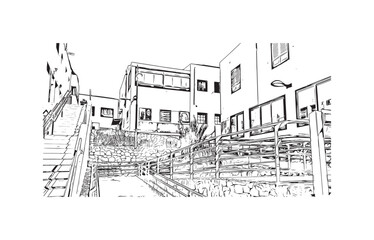 Building view with landmark of Playa Blanca
is the town in Spain.
Hand drawn sketch illustration in vector.