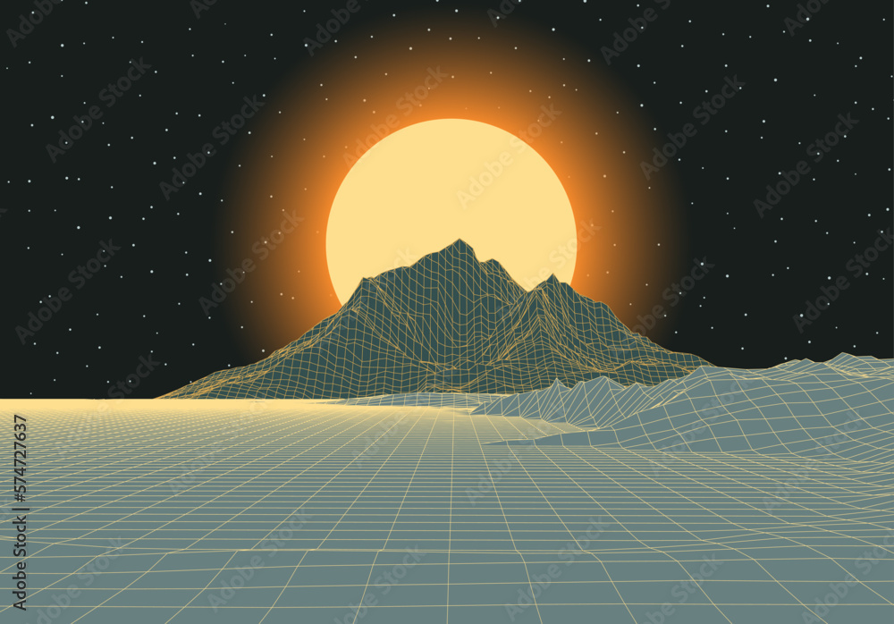 Poster retro futuristic landscape with mountains and sun in deep space. 80s styled synthwve landscape with 