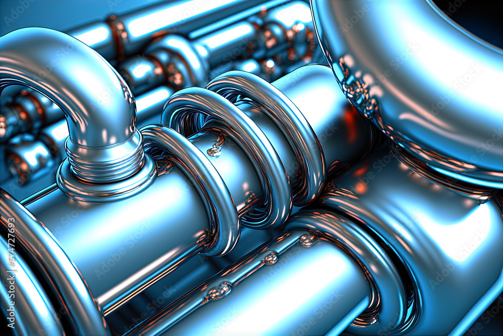 Poster Abstract chrome pipes composition. Industry themed background with shiny metallic connected pipes. Generated AI.