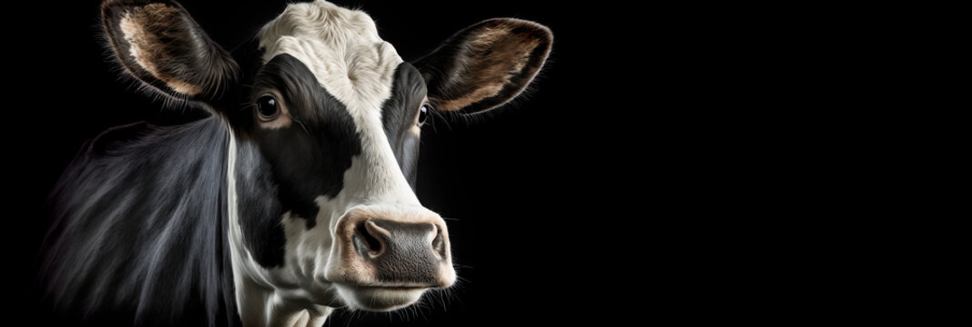 Black and white Holstein dairy cow. Image of cow's head on black background was created with generative ai.