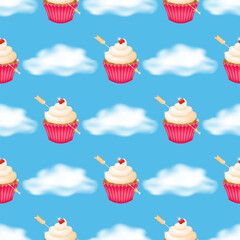 Fluffy clouds on a blue background with a seamless pattern of delicious cupcakes topped with whipped cream in a pink crimped paper cup, pierced by a golden arrow. Vector illustration.