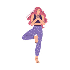 Young Woman Character Yoga Practicing Standing in Asana or Tree Pose Vector Illustration