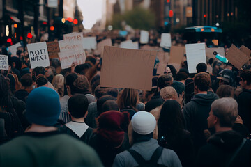Group of people protesting and holding abstract signs, giving slogans in a rally. Group of demonstrators protesting in the city. Generative Ai.