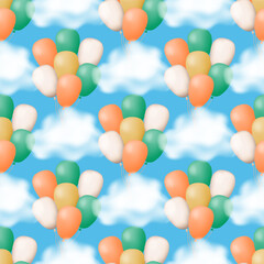 Seamless pattern of vibrant balloons floating among fluffy clouds on a serene blue background. Perfect for fabric, wallpaper, wrapping paper. Vector illustration.