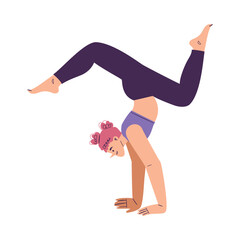 Young Woman Character Yoga Practicing Standing in Asana Arm Balancing Vector Illustration