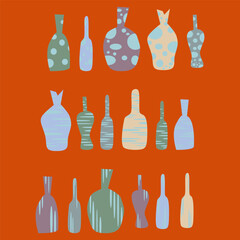 Vector set of abstract colorful elements for graphic design. Simple elements in blue, green, beige, orange colors. Bottles. Hand drawn set of lot of geometric shapes.