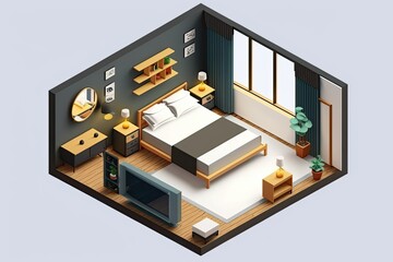 Minimalist Double Bed Bedroom Isometric. Modern Scandinavian Bedroom Design. Generative AI