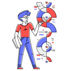 Creative worker doing some job and creating some system, inspired inventive designer or engineer composing abstract elements, vector outline illustration.