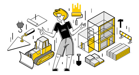 Building architecture designer vector outline trendy illustration, construction engineer working on a draft project, building plan for new house in progress.
