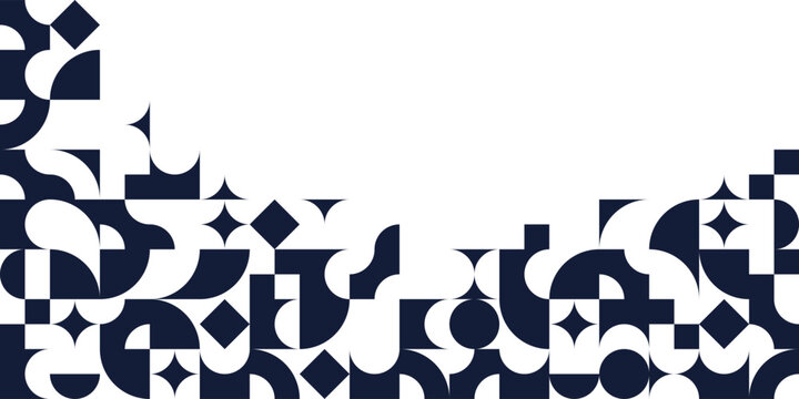 Geometric design vector, black and white modular constructor design background with copy space, ad template in retro 70s style, art pattern square and circle shapes.