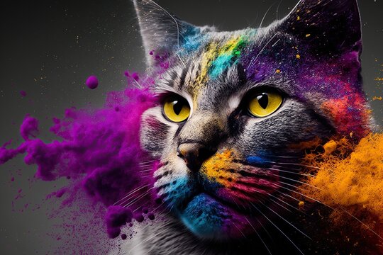 Colorful holi powder on cat face, isolated on white, generative AI