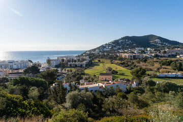 View from the Puig De Misa in Ibiza, view to the town of Santa Eulalia on a sunny day.