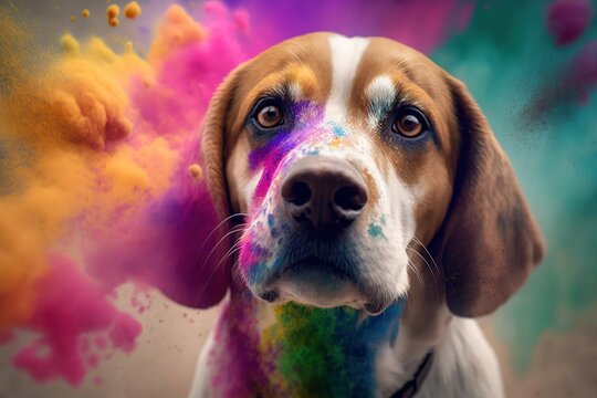 Colorful holi powder blowing up on dog face, holi festival on the background, generative AI